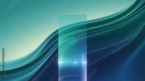 Abstract flowing waves of teal and deep blue with a vertical translucent panel