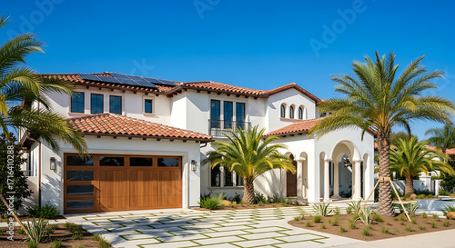 Modern mediterranean style luxury home with solar panels and lush palm trees under a clear blue sky