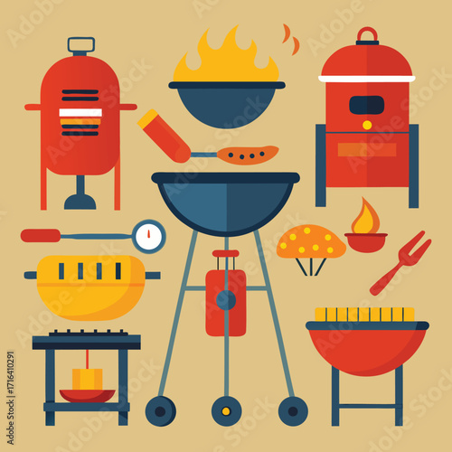 Collection of barbecue grill illustrations and related elements for outdoor cooking and events