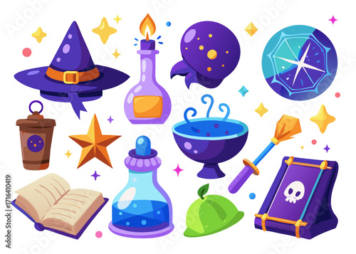 Set of Magic and Witchcraft Elements with Potion and Spellbook halloween

