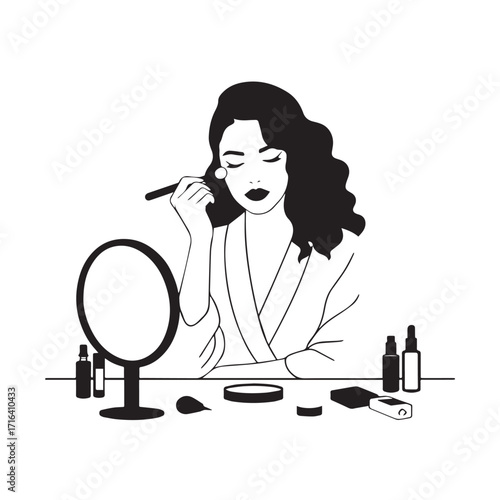 Black and white line art of a beautiful woman doing makeup at dressing table with mirror illustration