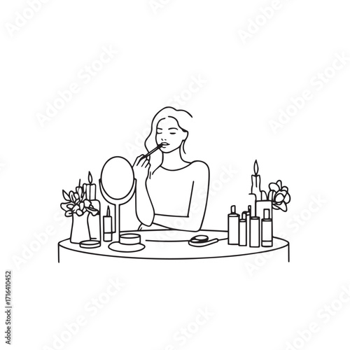 Black and white line art of a beautiful woman doing makeup at dressing table with mirror illustration