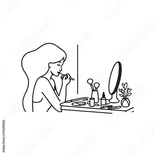 Black and white line art of a beautiful woman doing makeup at dressing table with mirror illustration
