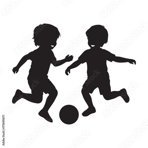 Two energetic young children playing soccer together in silhouette against a white background
