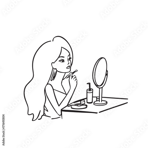 Black and white line art of a beautiful woman doing makeup at dressing table with mirror illustration