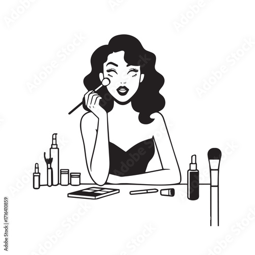 Black and white line art of a beautiful woman doing makeup at dressing table with mirror illustration