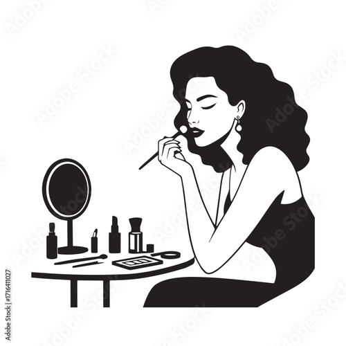 Black and white line art of a beautiful woman doing makeup at dressing table with mirror illustration