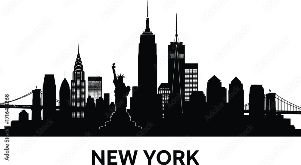 Naklejka premium New York City skyline, silhouette, Statue of Liberty, iconic buildings, urban architecture, USA