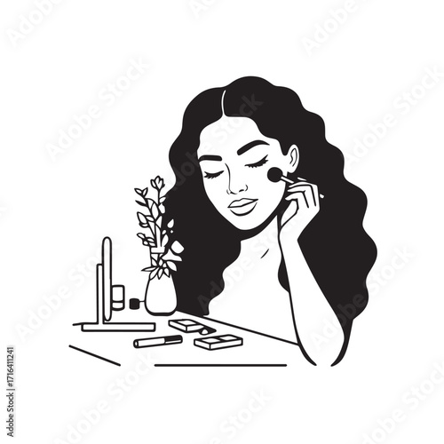 Black and white line art of a beautiful woman doing makeup at dressing table with mirror illustration