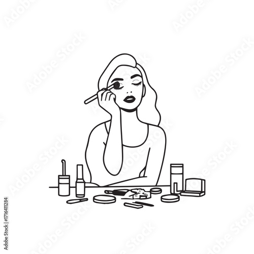 Black and white line art of a beautiful woman doing makeup at dressing table with mirror illustration