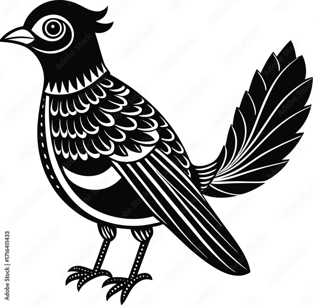 Naklejka premium bBlack decorative bird with fanned tail, detailed traditional&nbsp;illustration.