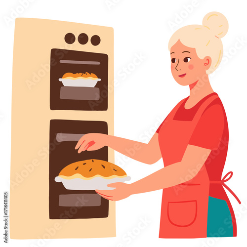 Elderly woman baking pie. Senior lady making homemade apple pie. Older woman preparing fresh pie dough. Retired woman smiling in kitchen. Elderly set