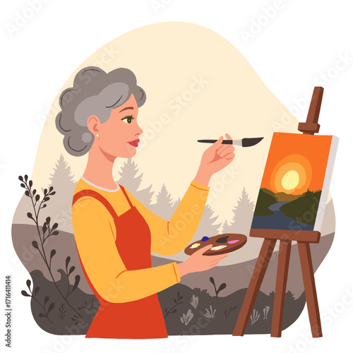 Retired woman painting canvas. Senior lady creating art with brush. Older woman painting picture in studio. Elderly woman doing acrylic painting. Elderly set
