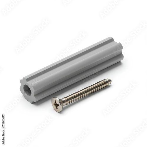 Plastic dowel and screw in gray on white background  