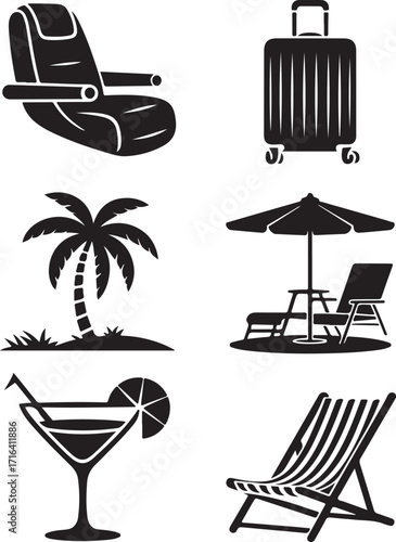 Vacation icons: travel, relaxation, and tropical escape