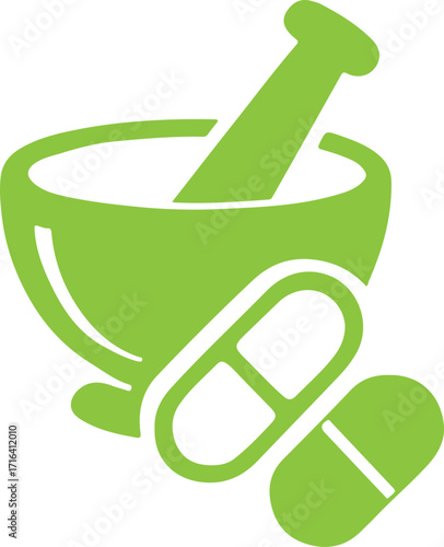 White marble mortar and pestle grinding spices, herbs, and medicine on a white isolated kitchen counter