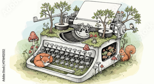 Enchanting hand drawn vintage typewriter as a vibrant ecosystem, featuring woodland creatures and flourishing plants, representing the soulful art of writing inspired by the natural world