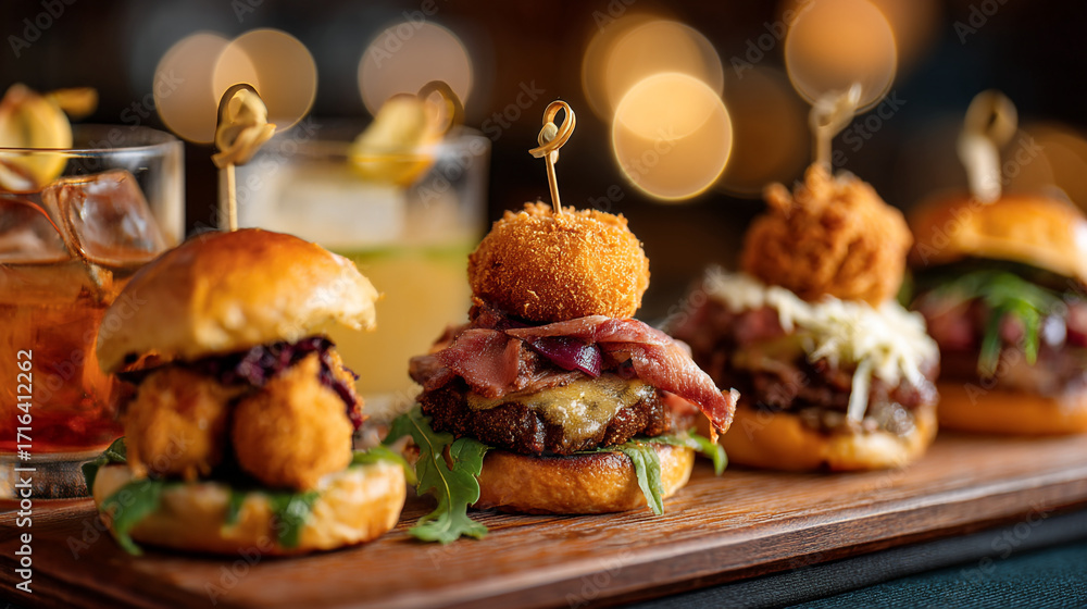 Obraz premium A close up shot of gourmet mini burgers and cocktails on a wooden serving board with blurred lights