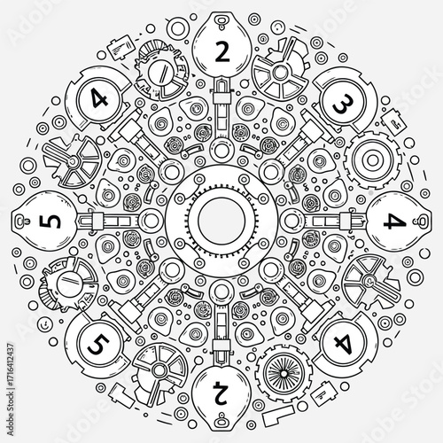 Intricate Mechanical Mandala Design with Gears, Cogs, and Industrial Components in a Detailed Line Art Style for Engineering and Technology Concepts