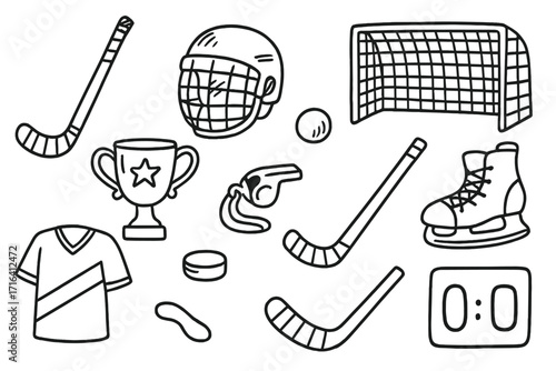 Ice hockey equipment icon set in hand-drawn doodle style. Bandy sport vector cartoon illustration. Stick, puck, helmet, skate, goal, trophy and jersey for game fans.