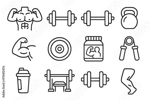 Bodybuilding icons set line art of fitness and gym equipment. Vector cartoon illustration. Dumbbell, kettlebell, weights, shaker, bench press. Muscle, strength training.