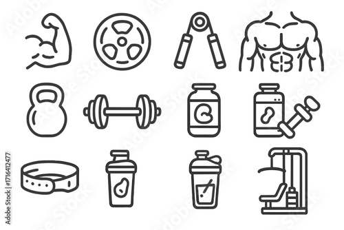 Set of bodybuilding line icons. Gym and fitness equipment symbols for workout and training. Vector illustrations of muscle, dumbbell, kettlebell, protein shaker and supplements.