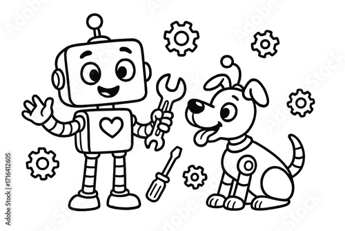 Robot and cyber dog friends cartoon coloring page. Vector outline illustration for kids. Technology, robotics, and engineering concept with tools, gears, and a wrench.