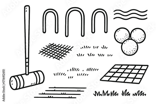Hand-drawn croquet game elements set. Vector doodle illustration of mallet, balls, and wickets for outdoor sport. Cartoon line art of lawn game equipment collection.