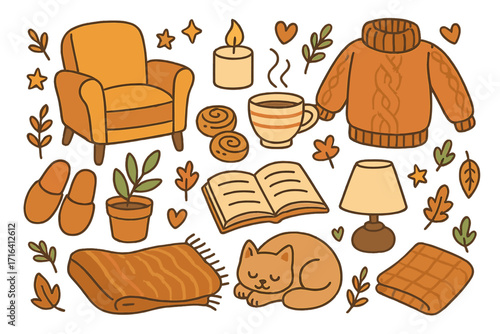 Cozy home comforts doodle art set. Warm and relaxing autumn elements collection. Vector cartoon illustration of hygge lifestyle with cat, book, sweater, coffee, and candle.