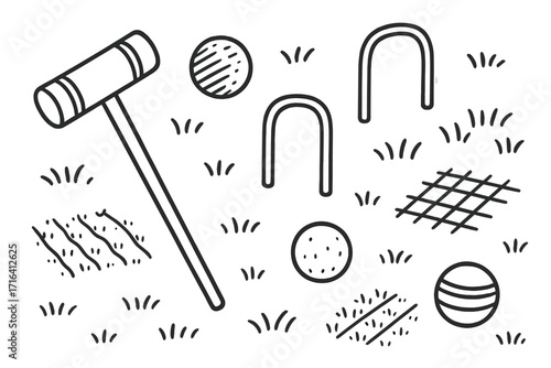 Croquet game elements doodle set. Vector cartoon illustration of outdoor sport equipment. Mallet, hoops, wickets, and balls on a lawn. Fun summer activity line art.
