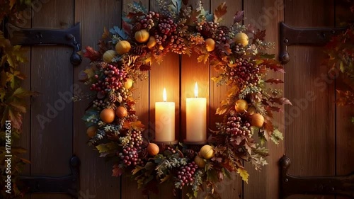 Warm candlelight illuminating a harvest wreath on wooden door
