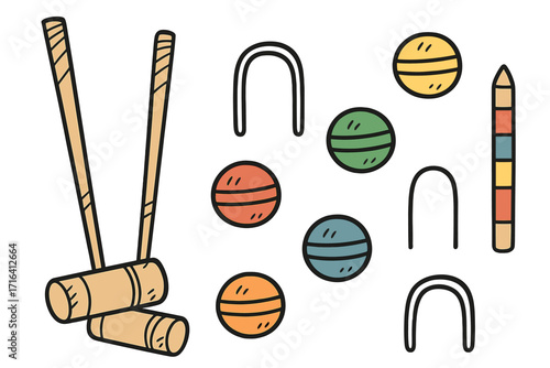 Croquet game equipment set. Vector cartoon illustration of sport elements. Mallets, colorful balls, hoops, and peg for outdoor activity. Doodle style graphic collection.
