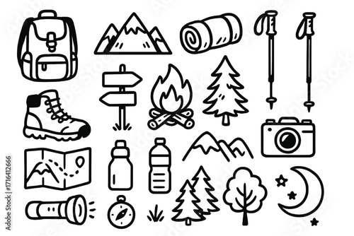 Mountain adventure icon set with doodle hiking gear, camping equipment, and nature elements. Black and white cartoon vector illustration of backpack, map, compass, and campfire.