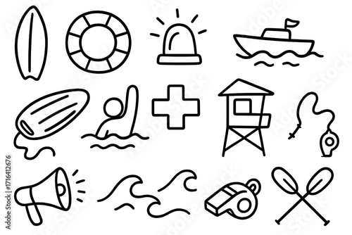 Lifeguard doodle icon set for water safety and beach rescue. Hand-drawn vector line art of surf, lifebuoy, boat, and emergency first aid symbols. Sea patrol illustration.