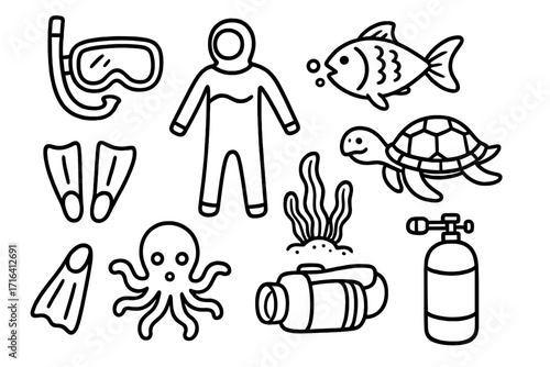 Doodle line art of scuba diving gear and marine life. Underwater adventure icon set with wetsuit, fins, mask, octopus, fish, turtle. Snorkeling equipment cartoon vector.