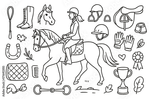 Equestrian sport doodle set. Hand drawn horse rider, tack, and gear elements in line art. Vector cartoon illustration collection with saddle, helmet, boots, and horseshoe.