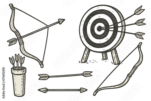 Archery equipment collection in a hand-drawn style. Bow, arrow, quiver, and target icon set. Metaphor for hitting goals, business targets, accuracy, and aiming for success.
