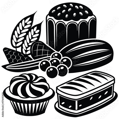 Delicious bakery banner featuring freshly baked bread and sweet cakes perfect for advertising baked goods and cafes