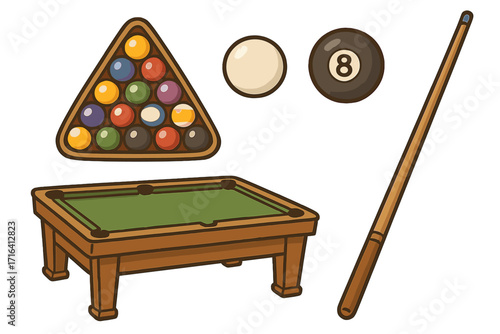 Billiards game equipment set. Hand drawn vector cartoon illustration of a pool table, cue stick, triangle rack, and balls. Snooker sport, hobby and leisure concept elements.