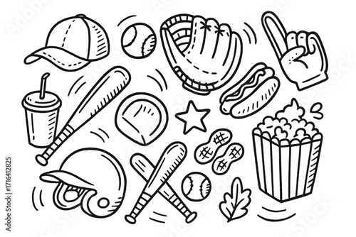 Baseball doodle set vector illustration. Hand-drawn sports equipment and game day snacks. Cartoon line art collection with bat, ball, glove, helmet, hot dog, and popcorn.