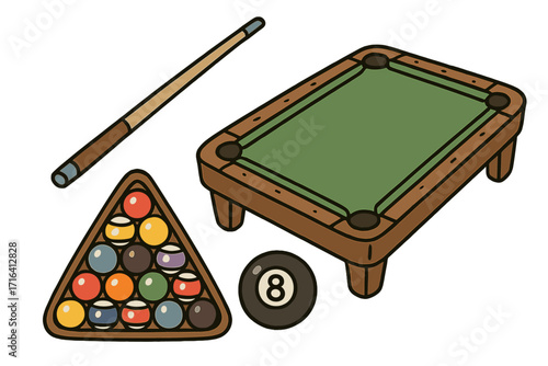Hand-drawn billiards elements set. Vector cartoon illustration of pool game equipment: table, cue stick, triangle rack with balls, and eight-ball. Snooker sport hobby.