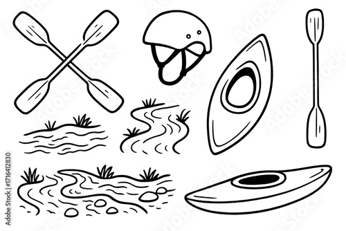 Hand drawn canoe and kayak vector icon set. Doodle style illustration of paddling equipment like paddles, helmet, and boat for outdoor water sport adventure on a river.