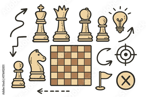 Hand-drawn chess elements for business strategy. Vector icon set with king, queen, knight. Metaphor for tactics, planning, goal, idea, and success. Cartoon illustration.