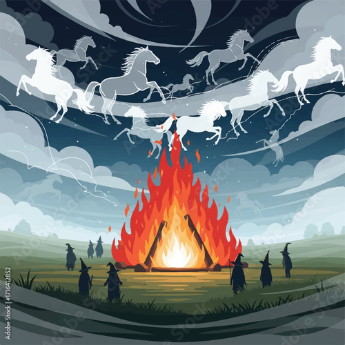 A large bonfire illuminates a gathering of robed figures under a night sky where ethereal white horses gallop through clouds.