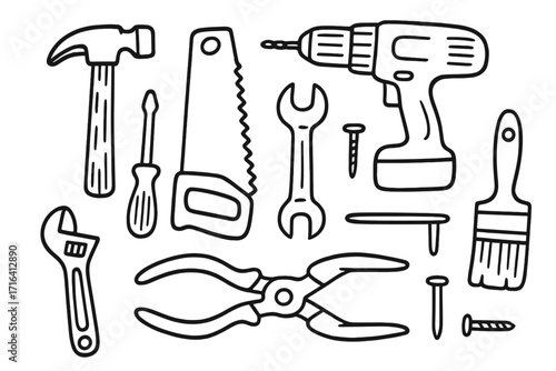 Workshop tools set hand-drawn in doodle style. Vector cartoon illustration of hammer, saw, drill, wrench. Repair and construction equipment icons for DIY projects.