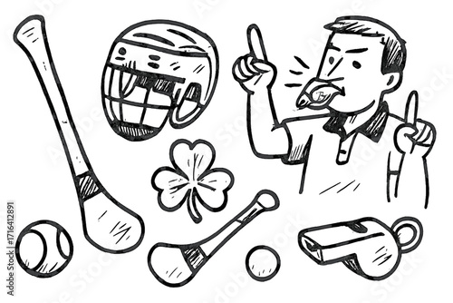 Hand-drawn vector icon set of hurling equipment. Irish national sport with hurley, sliotar, helmet, shamrock, and referee blowing a whistle. Cartoon doodle illustration.