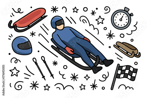 Luge winter sport concept with athlete on sled and equipment set. Vector cartoon doodle illustration of race competition elements like helmet, stopwatch and finish flag.