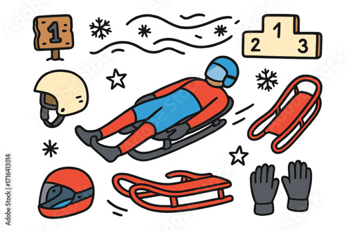 Luge sport concept with doodle equipment. Vector cartoon illustration set of luger, sled, helmet, gloves, and winner podium. Winter games championship icon collection.