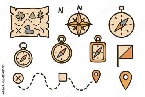 Orienteering adventure icon set. Hand-drawn vector map, compass, route symbols. Cartoon navigation elements for travel, journey, treasure hunt. Location pin, direction, path.