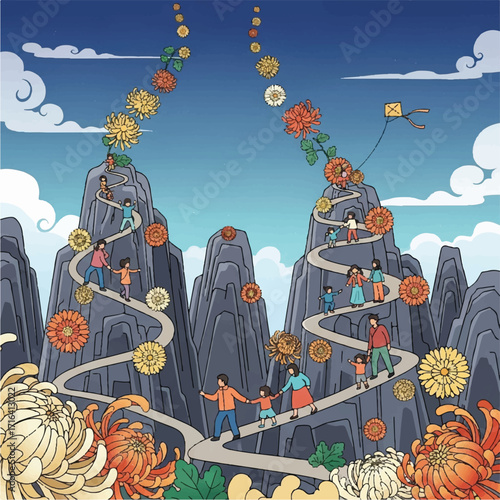 Illustration depicting families ascending mountain paths adorned with flowers, enjoying a sunny day.